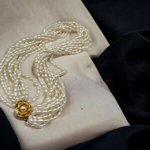 Vintage Twisted Multi Strand Ivory Pearl Rice Gold Tone Flower Clasp